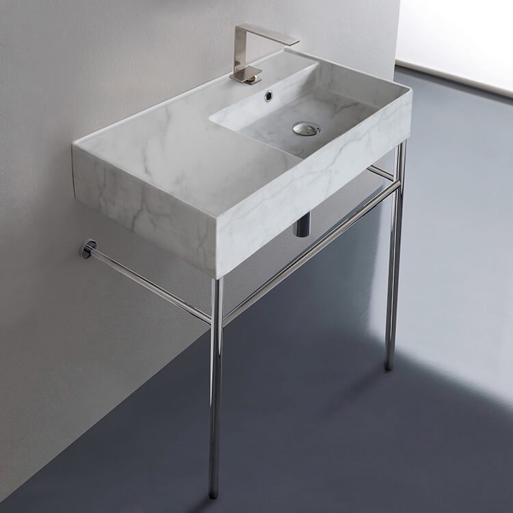 Scarabeo 5118-F-CON-One Hole Marble Design Ceramic Console Sink and Polished Chrome Stand
